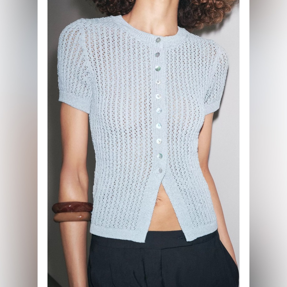 ZARA POINTELLE KNIT TOP L NWT | Light Blue